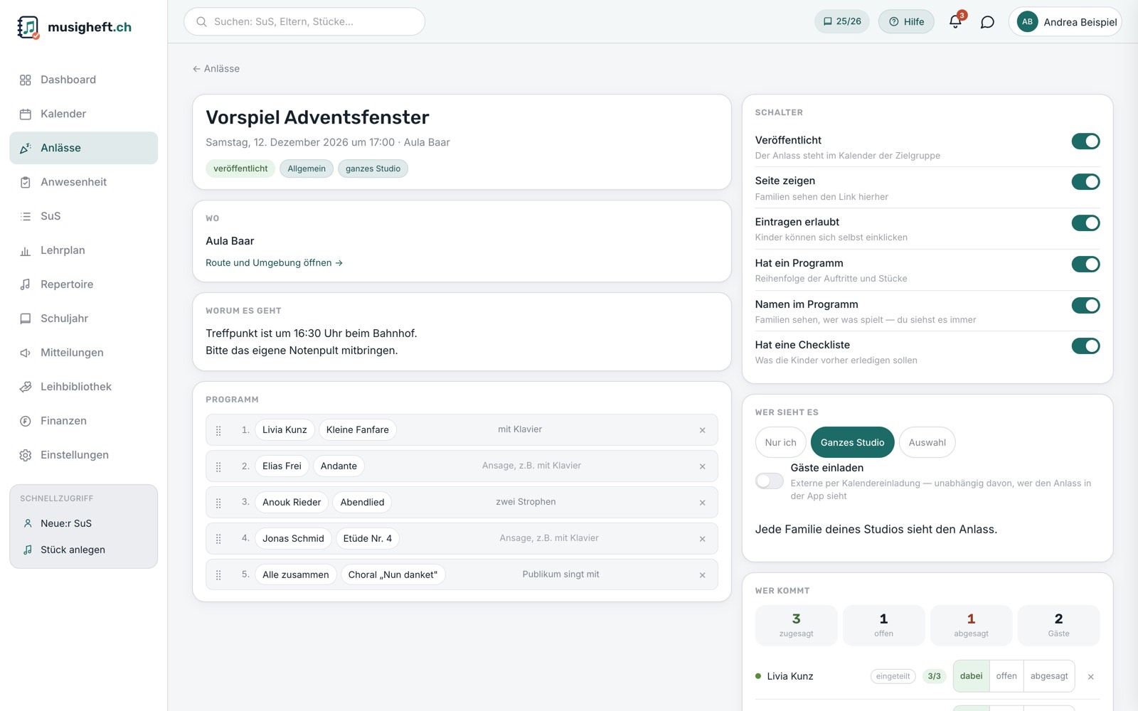 Die Seite eines Anlasses: Ort, Treffpunkt, Programm mit der Reihenfolge der Auftritte, und wer zugesagt hat